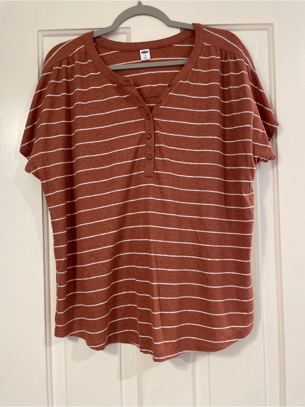 Old Navy Rust and White Striped Linen-Blend Henley Tee